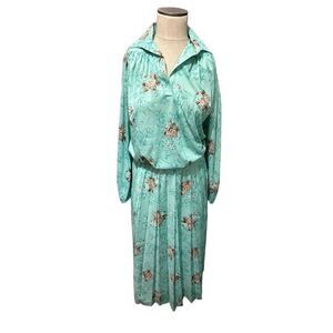 Vintage Women’s New Old Stock Teal Floral Granny Core Midi Skirt Set Pleated L